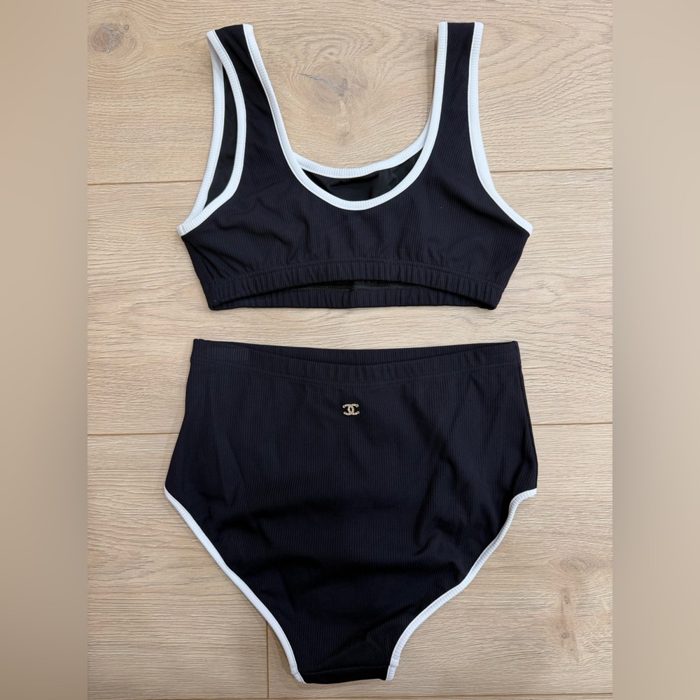 Chanel 22S Black White Crystal CC Logo Bikini Two Piece Swimsuit Bathing Suit 38 - Picture 10 of 16